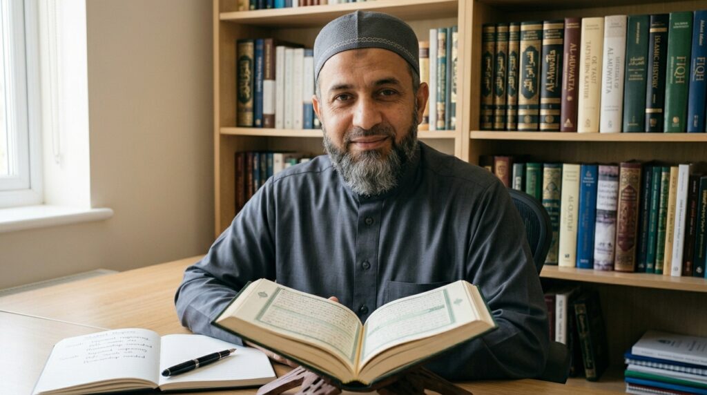 An Ijazah-certified Hifz teacher sitting at a desk with an open Quran, ready to teach an online Hifz class