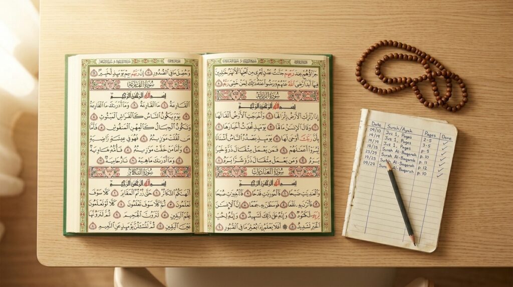 An open 15-line Madina Mushaf beside a handwritten Quran memorization progress tracker on a wooden desk