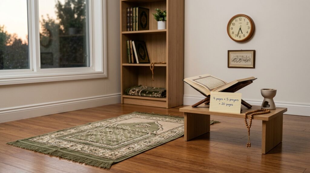 A prayer rug with an open Quran and a handwritten plan showing 4 pages after each of 5 daily prayers during Ramadan