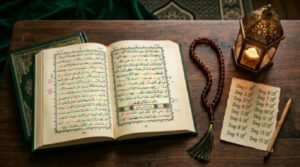 An open Quran beside prayer beads and a glowing Ramadan lantern with a daily reading tracker on a wooden surface