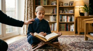 A Muslim child sitting on a prayer rug reciting Quran from memory with an open Mushaf in their lap and a parent's hand on their shoulder