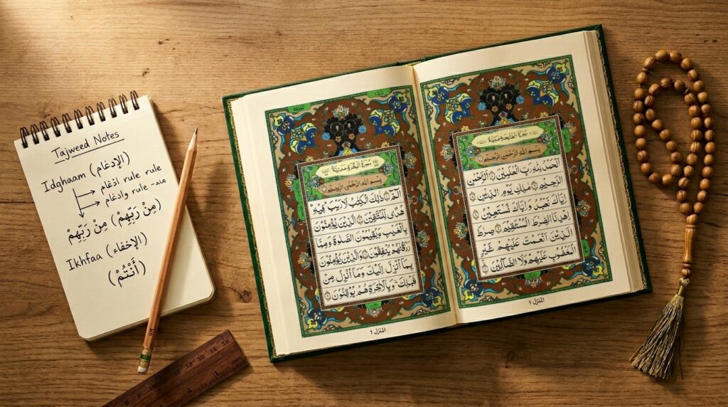 An open color-coded Tajweed Quran beside a handwritten Tajweed notes notebook on a wooden desk