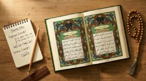 An open color-coded Tajweed Quran beside a handwritten Tajweed notes notebook on a wooden desk