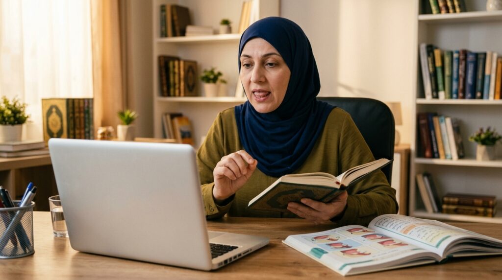 An Ijazah-certified Tajweed teacher demonstrating correct Arabic sound articulation during an online Quran class
