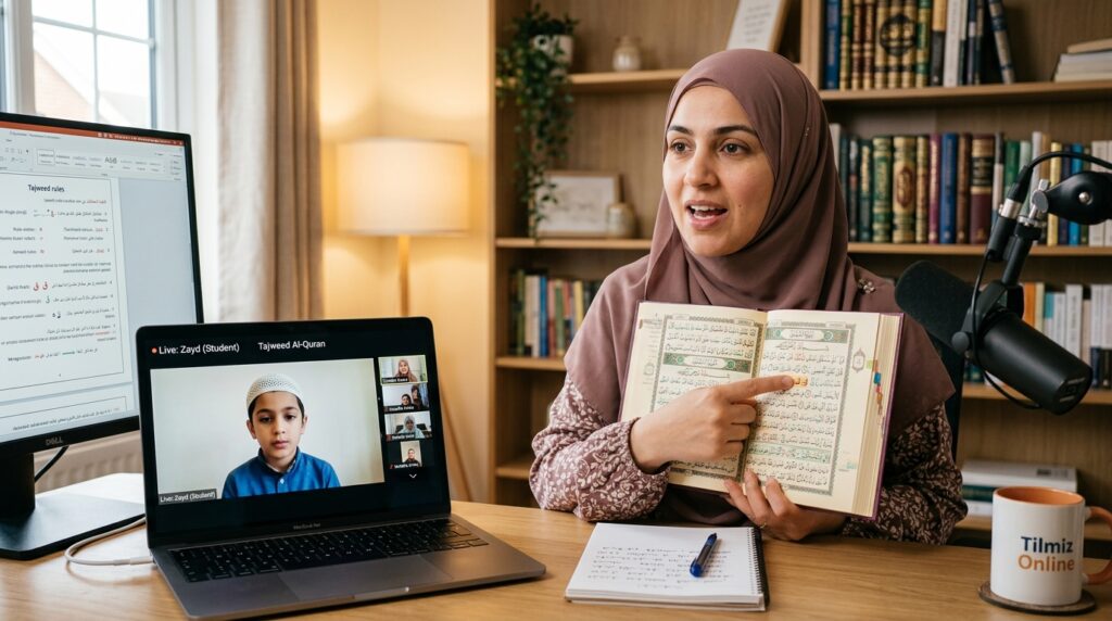 An Ijazah-certified Quran teacher demonstrating correct Arabic letter pronunciation during an online Tajweed class