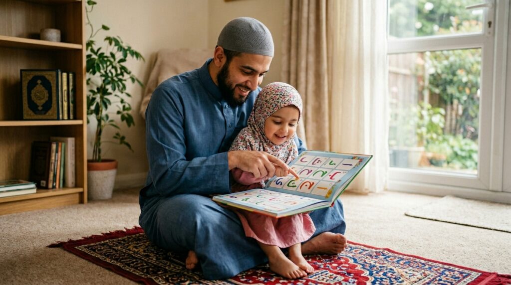 A Muslim father teaching his young child Arabic letters from a Quran learning book at home
