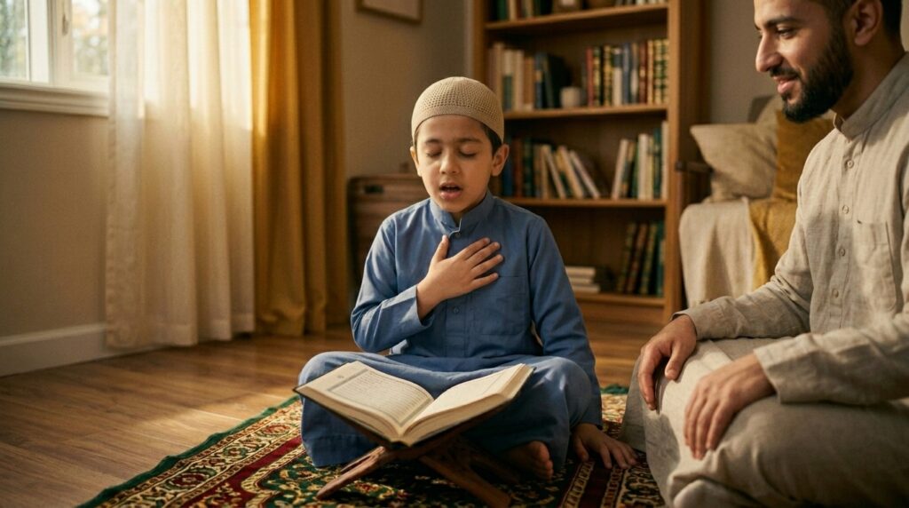 A young Muslim child reciting the Quran from memory on a prayer rug at home, with a parent listening nearby