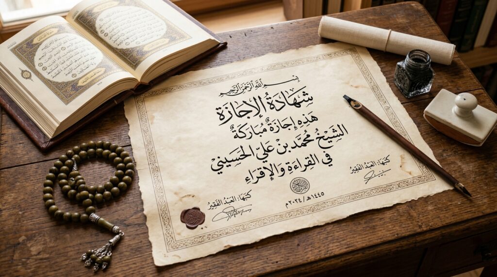 An Arabic Ijazah certificate beside an open Quran and prayer beads on a wooden desk