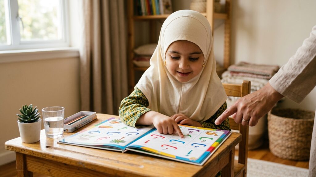 A young Muslim child learning Arabic letters from a Madani Qaida book at home