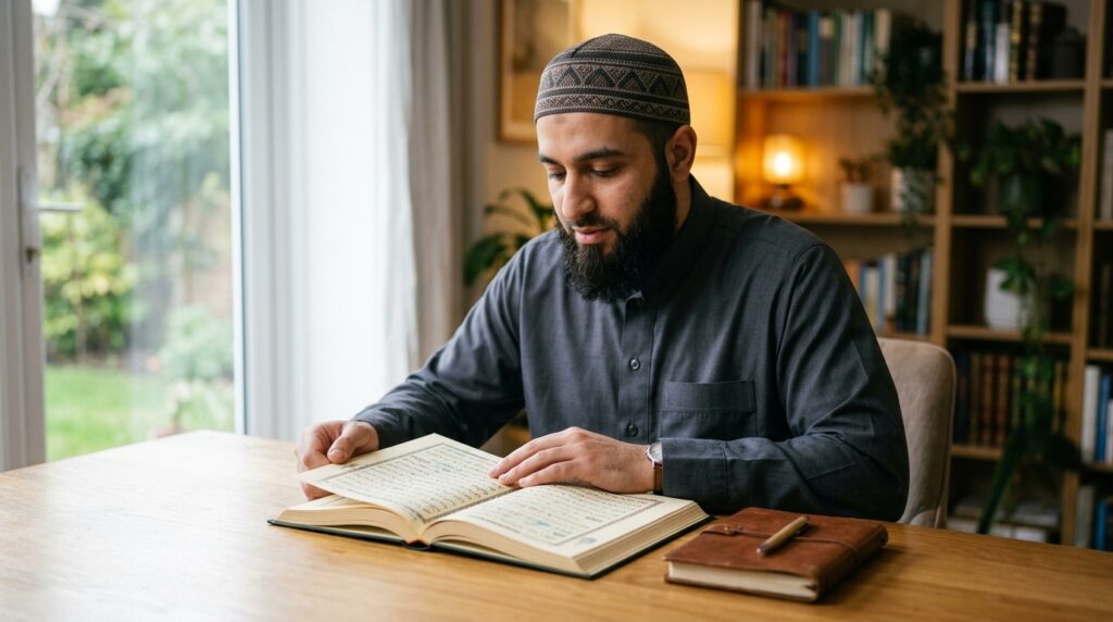 A Muslim adult reciting from a color-coded Tajweed Quran at a home desk