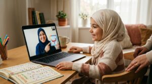 A young Muslim child looking at a laptop screen with a smiling Quran teacher during their first online Quran class
