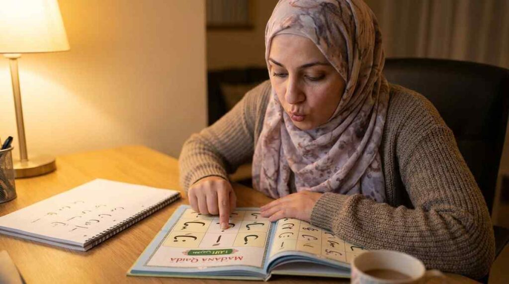 A Muslim adult tracing an Arabic letter in a Madani Qaida book with a practice notebook nearby in their first Quran lesson