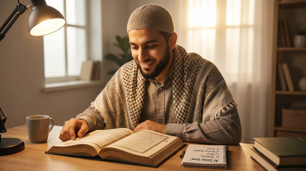 A Muslim adult looking at Juz Amma in an open Quran with handwritten memorisation progress notes showing partial Hifz completion