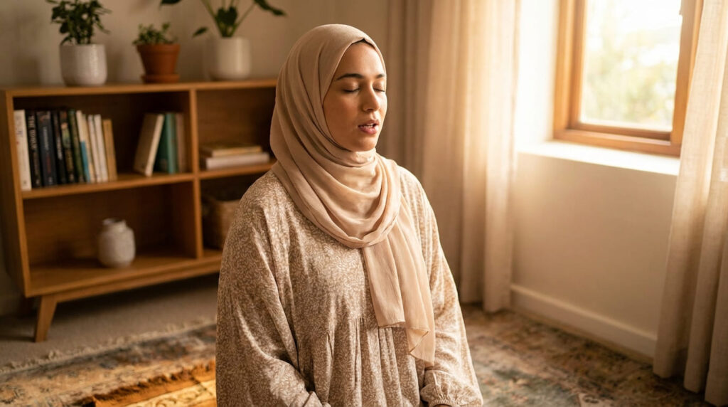A Muslim adult standing in Salah on a prayer rug, lips moving in quiet Quran recitation in warm home light