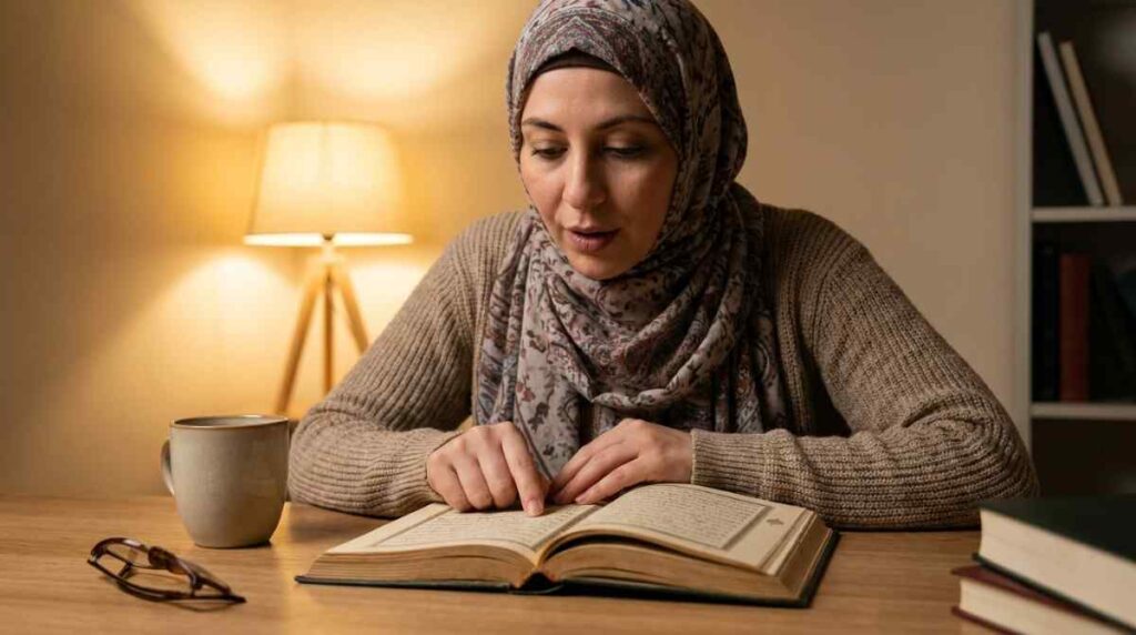 A Muslim adult reading carefully from an open Quran with a finger tracing the text, showing the progress from beginner to reader