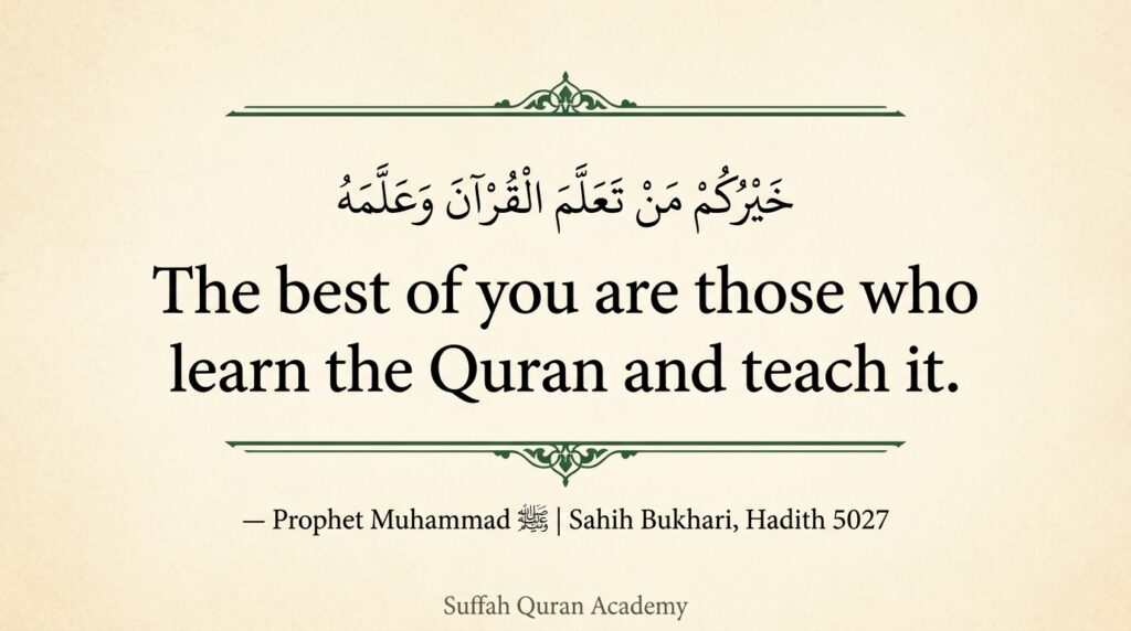 An elegant typographic display of the Hadith — "The best of you are those who learn the Quran and teach it" — on a warm parchment background
