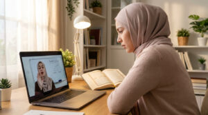 A Muslim student attentively watching a Tajweed teacher on a laptop screen demonstrate Arabic letter pronunciation