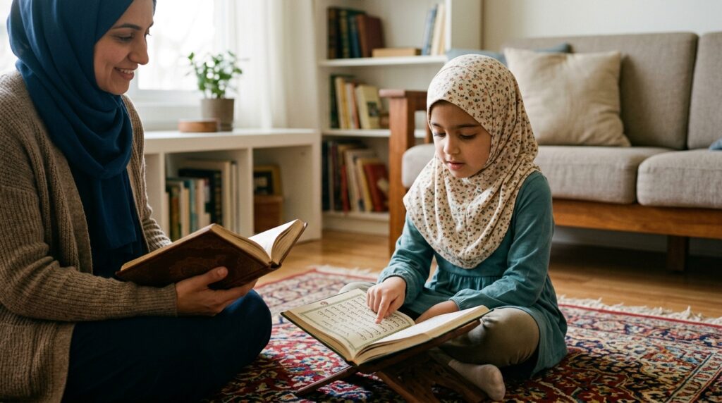 A Muslim child reciting from an open Quran at home while a parent listens nearby during daily revision