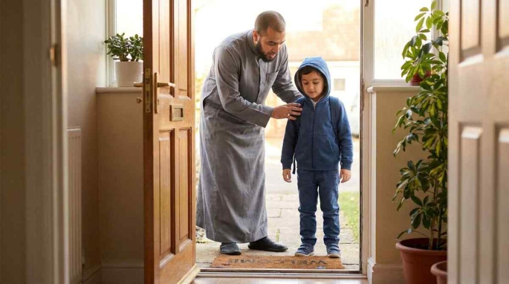 A Muslim father and child pausing at the front door as the father says the leaving home Dua before the child goes to school