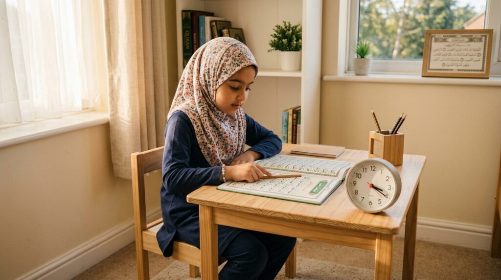 A Muslim child sitting alone at a desk, independently reviewing their Quran lesson during daily home practice