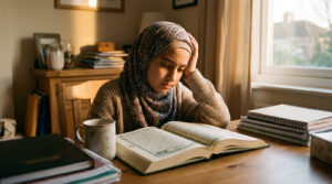 A Muslim student sitting at a desk with an open Quran looking thoughtful and slightly stuck, showing a normal challenge moment in Hifz