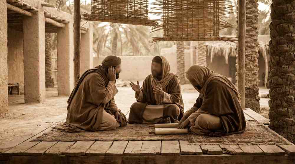 A group of figures in humble Islamic dress sitting on a shaded platform in early Madinah, suggesting the People of Suffah gathered to learn