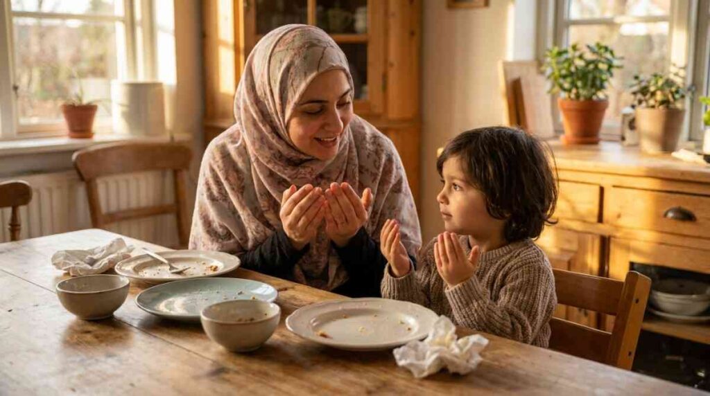 A Muslim mother and young child sitting at a table with hands raised in Dua after eating, in a warm natural family moment