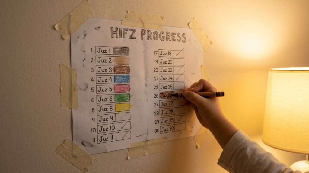 A child's hand about to colour in a completed Juz on a hand-drawn Hifz progress chart on a bedroom wall