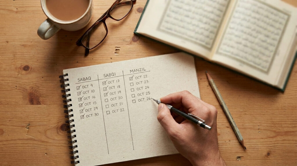 An open revision notebook showing Sabaq, Sabqi, and Manzil sections with checkboxes beside an open Quran on a wooden desk