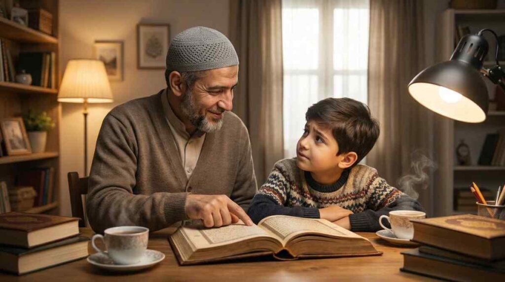 A Hifz teacher sitting beside a student, pointing at a Quran passage and offering encouraging, specific guidance
