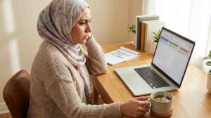 A Muslim parent at a home desk researching online Quran academies on a laptop with a notebook of evaluation questions beside them