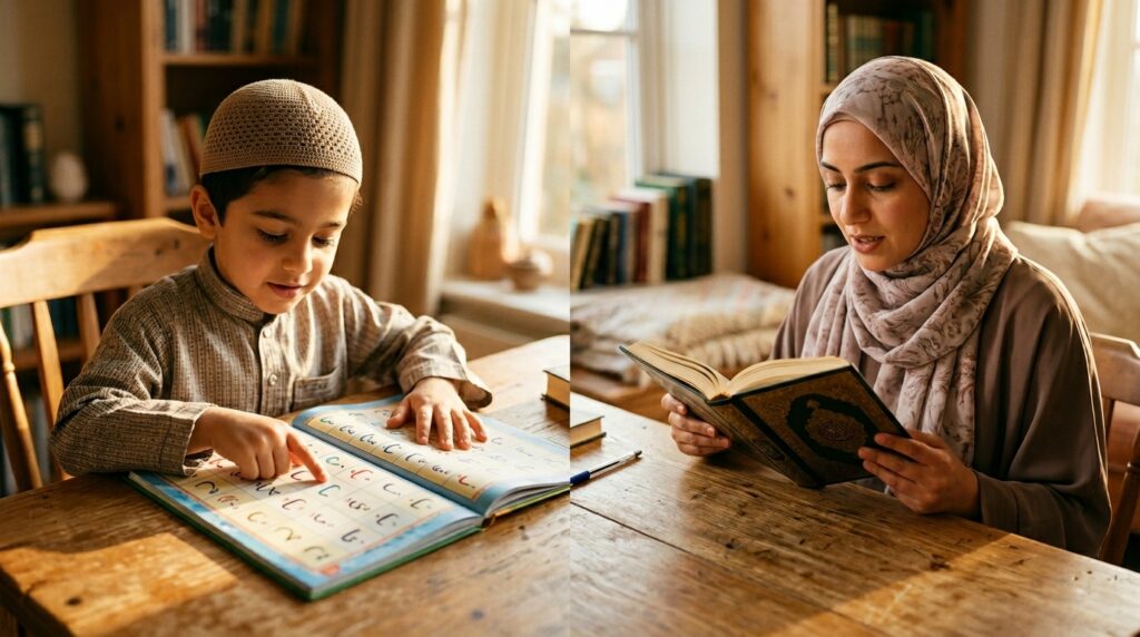 A young child learning from a Madani Qaida on the left and an adult reading the Quran fluently on the right, showing the learning journey