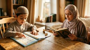 A young child learning from a Madani Qaida on the left and an adult reading the Quran fluently on the right, showing the learning journey