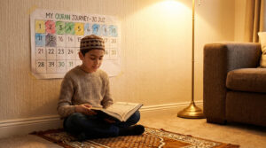 A Muslim child sitting on a prayer rug with an open Quran and a Hifz progress chart on the wall showing completed Juz