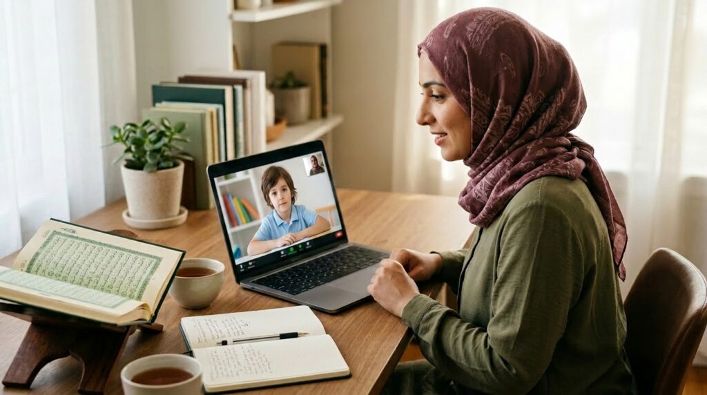 A Muslim adult sitting at a home desk with a laptop showing an online Quran teacher, with an open Quran beside the screen