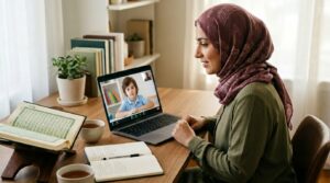 A Muslim adult sitting at a home desk with a laptop showing an online Quran teacher, with an open Quran beside the screen