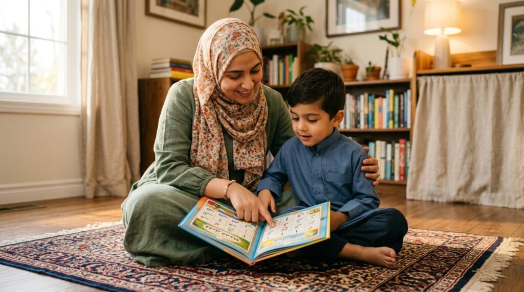 A Muslim mother in hijab sitting with her young child on a prayer rug, both looking at an open Qaida book together