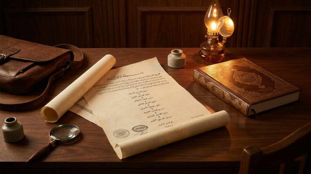 An open Ijazah certificate showing an Arabic chain of transmission beside an open Quran on a dark wooden surface in warm light