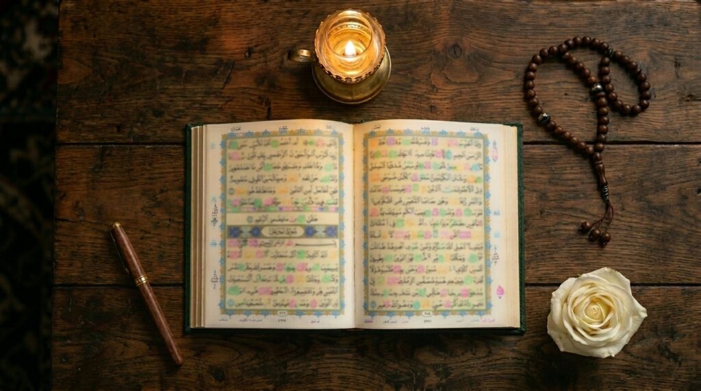 open Quran illuminated by warm lamplight beside prayer beads on a dark wooden surface