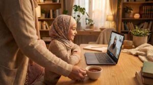 A Muslim child at a home desk in an online Quran class with a teacher on screen and a parent visibly nearby in the room