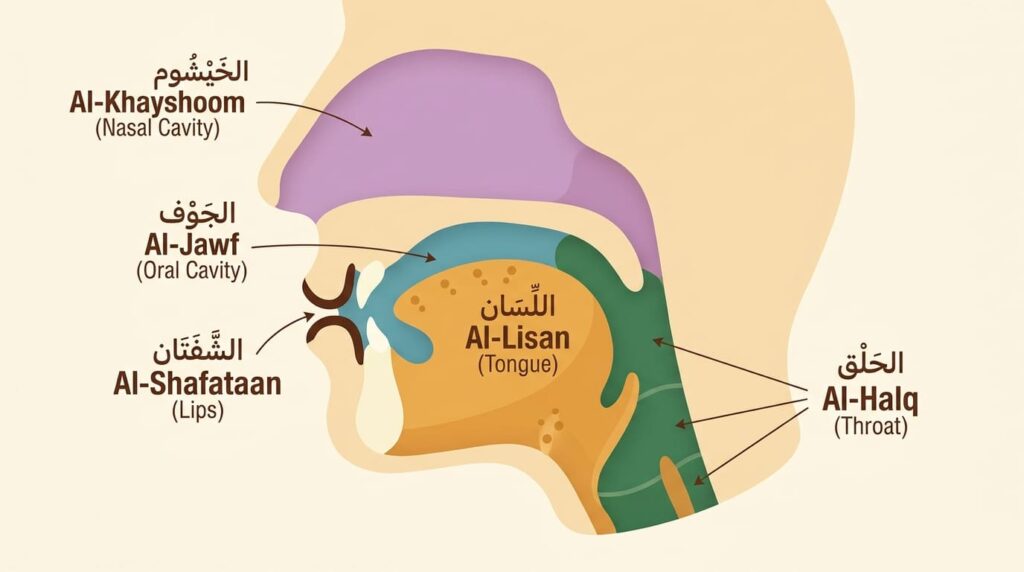 A labeled diagram of the five main Makhaarij regions showing where Arabic letters are produced in the mouth and throat