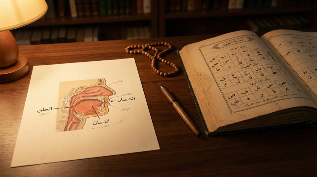 An anatomical diagram of mouth and throat articulation regions beside an open Tajweed textbook on a wooden desk