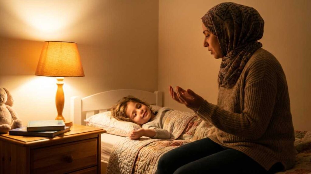 A Muslim parent sitting beside a young child at bedtime saying the sleeping Dua together in warm lamp light
