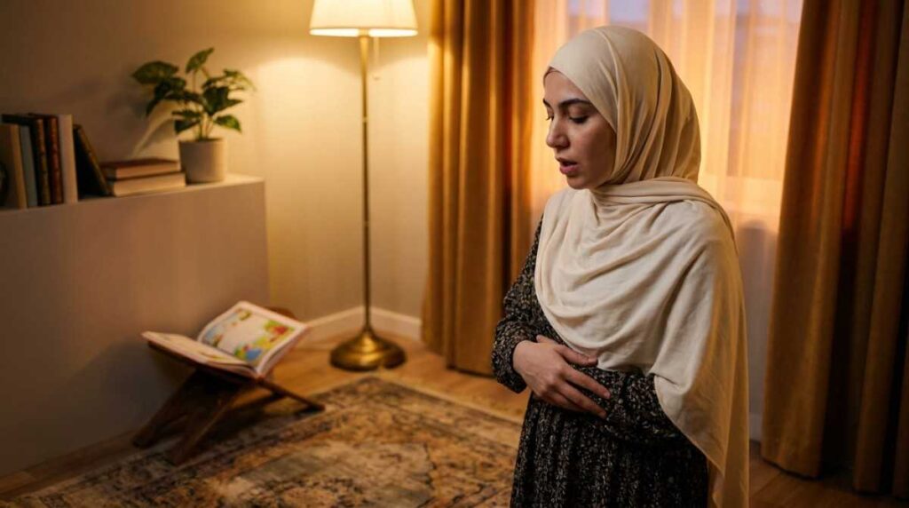 A Muslim parent in evening Salah on a prayer rug with a child's Quran visible nearby, connecting personal worship and child's Quran education