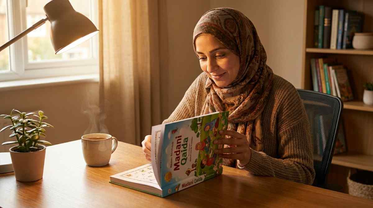 A Muslim adult woman in hijab opening a Quran book for the first time with a determined and hopeful expression