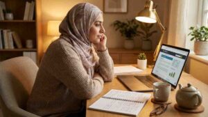 A Muslim parent sitting at a home desk reviewing online Quran academy options on a laptop with a comparison notebook beside them