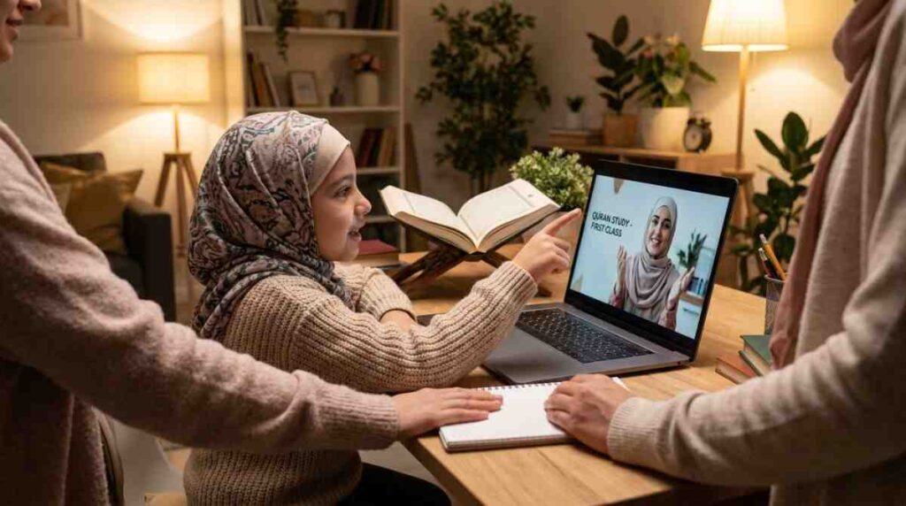 A Muslim child at a home desk in a free trial Quran session with a qualified teacher visible on the laptop screen