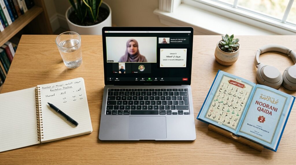 A clean home desk set up for an online Quran class with a laptop, open Madani Qaida book, and notebook