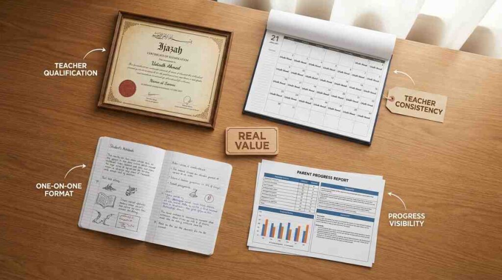 Four items representing online Quran value factors arranged on a wooden desk — Ijazah certificate, student notebook, consistent calendar, and parent progress report