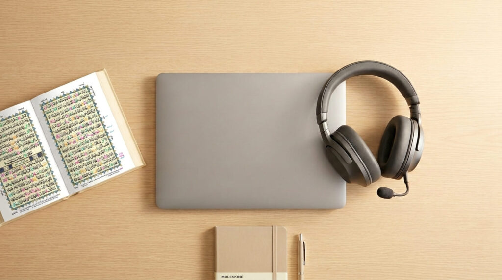A clean home desk with a laptop and headset microphone set up for an online Tajweed class beside an open Quran